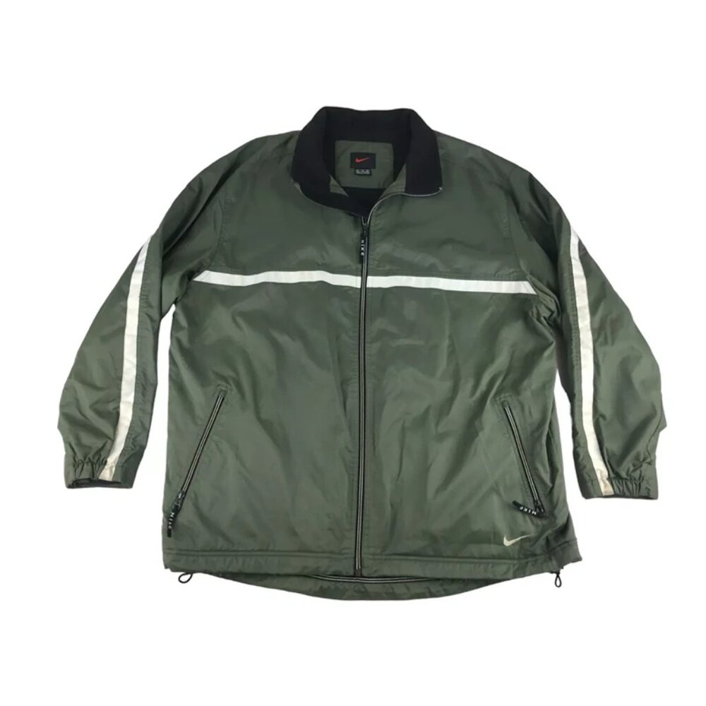 Nike Mens Green White Stripe Lined Collared Coat Windbreaker Jacket Size XL